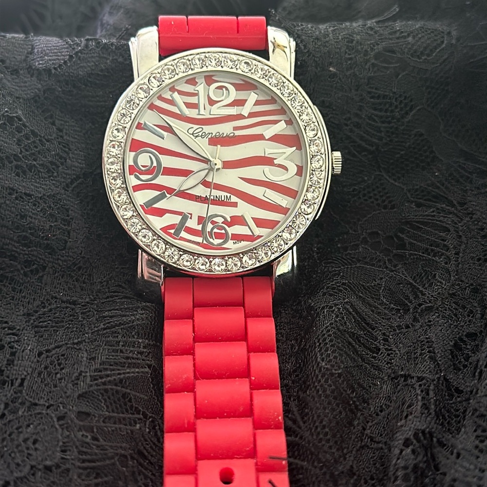 Geneva Rhinestone Bezel Red &White Tiger stripe face, Red Silicon Watch band
